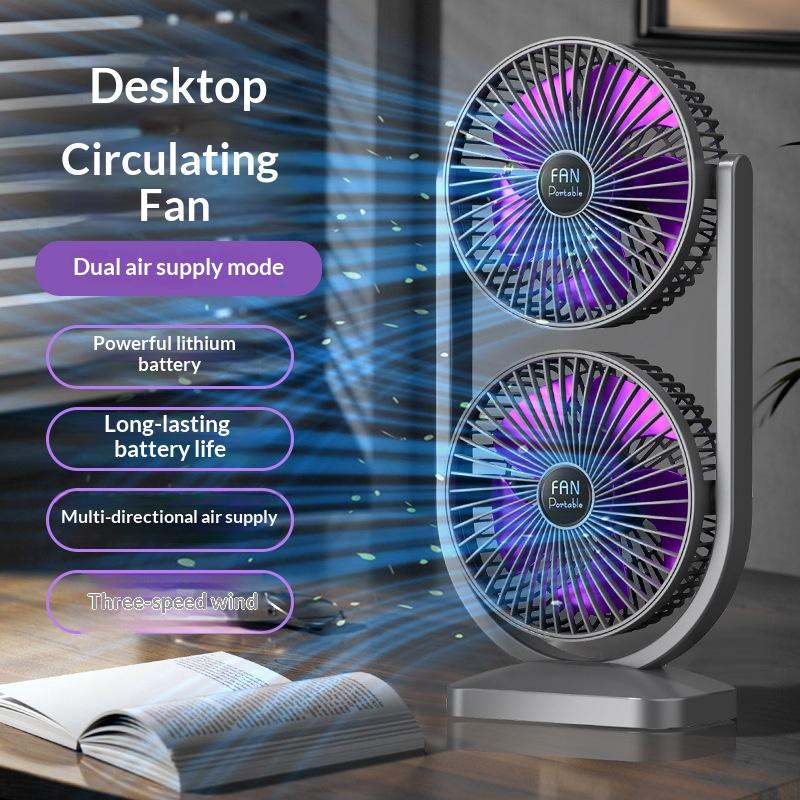 HOMEFISH New Dual Head Desktop Fan USB Rechargeable Adjustable Fan for Household Outdoor High Wind Air Circulation Fan