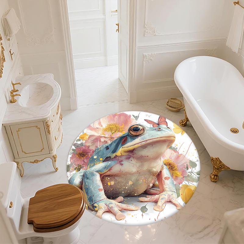 Frog and Fresh Flowers pattern round rug,Carpet Rug for Living Room Bedroom Sofa Playroom Decor,Non-slip Floor Mat,Holiday Gifts and Birthday Gifts