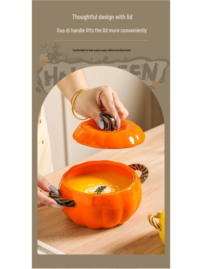 Kürbisförmige Keramik-Suppenschüssel mit Deckel - Großes Doppelohr-Design, Perfekt zum Servieren von Schneckenreisnudeln oder Nudelgerichten