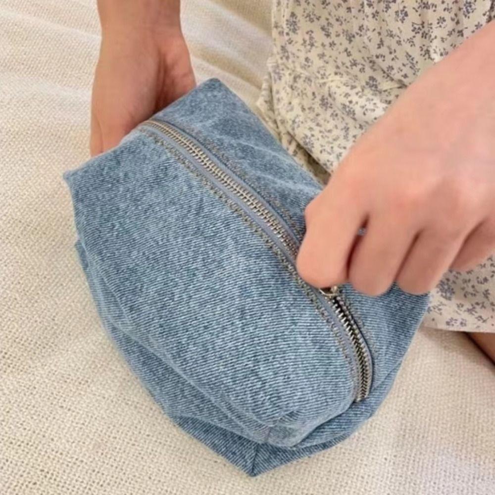 Korean Style Blue Denim Makeup Bag Solid Color Stationery Storage Bag Toiletry Pouch