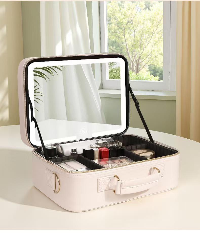 Роскошный портативный светодиодный кейс для макияжа с зеркалом, большой вместимости, совместимый с чемоданом 30x22x12 белый
