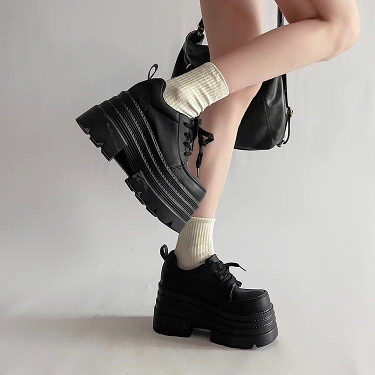 Popular small man thick-soled heightening muffin lace-up small leather shoes women's spring 2025 new skirt JK single shoes