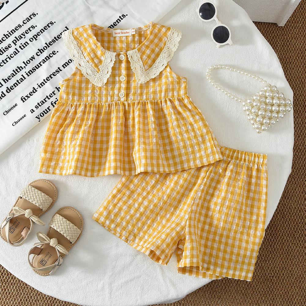 Girls Summer Plaid Sleeveless Collar Top With Lace Trim And Shorts 2 Piece Outfit Set 100cm