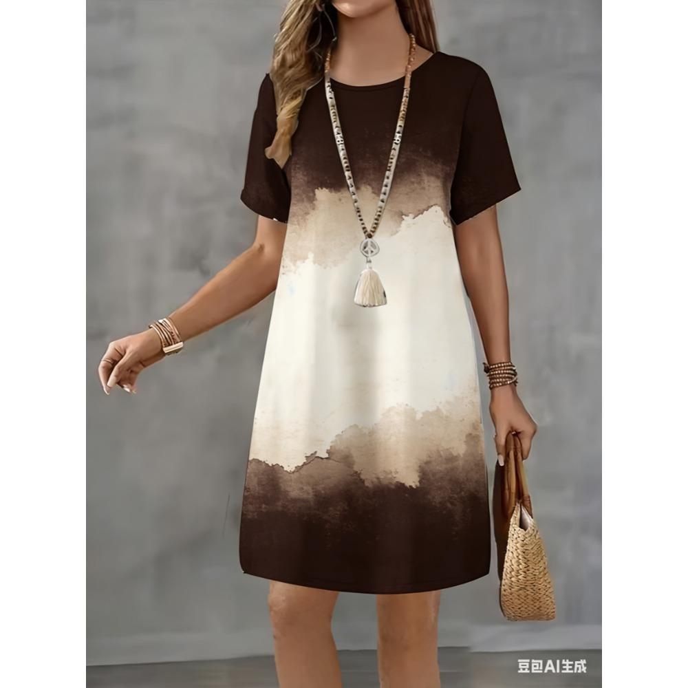 Classic Black and White Gradient Tie-dye Printed Long-sleeved Casual Mini Dress for Large Size Women In Summer, Suitable for Short Sleeves.