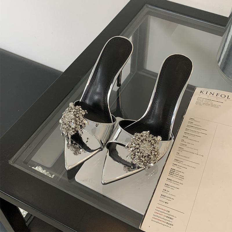 2025 Spring and Autumn New Fashion Versatile Pointed Rhinestone One-word Strap Sandals Women's Fashion Thin Heel Open-toed High Heel