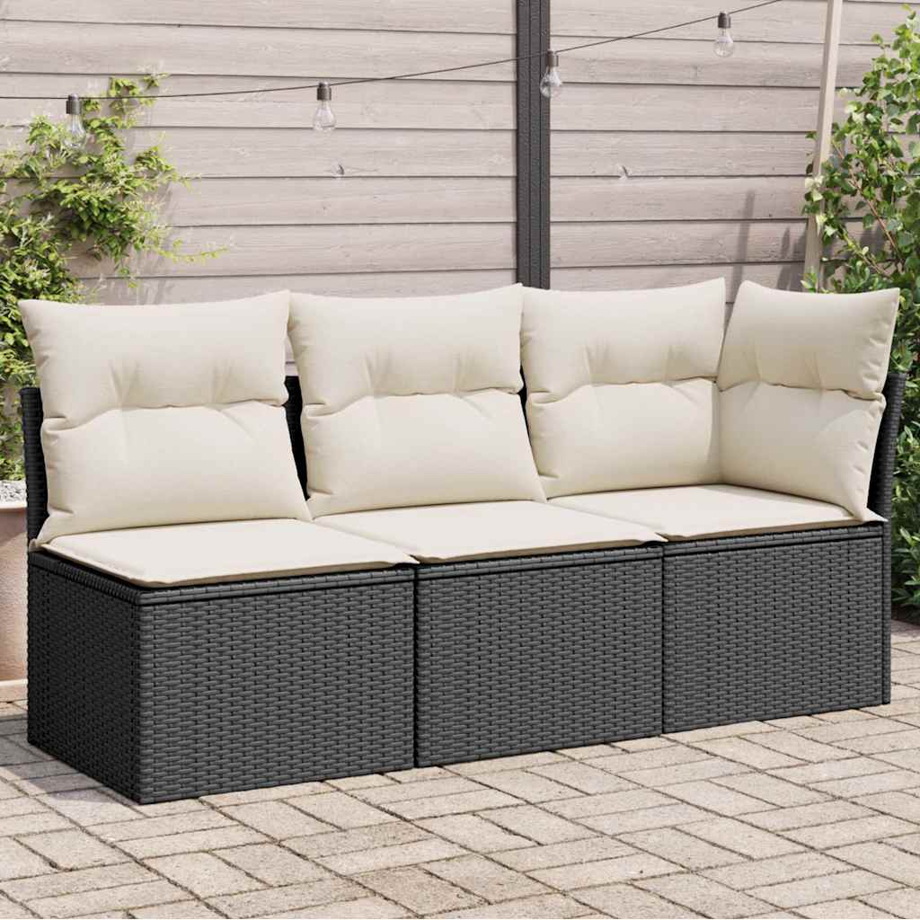 Vidaxl Garden Sofa With Cushions, 3-Seater, Black, Poly Rattan