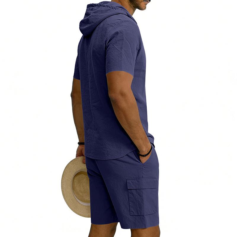Men's Linen Hooded Shirt & Shorts Cardigan Set with Work Pants - Two-Piece Set in Stock.