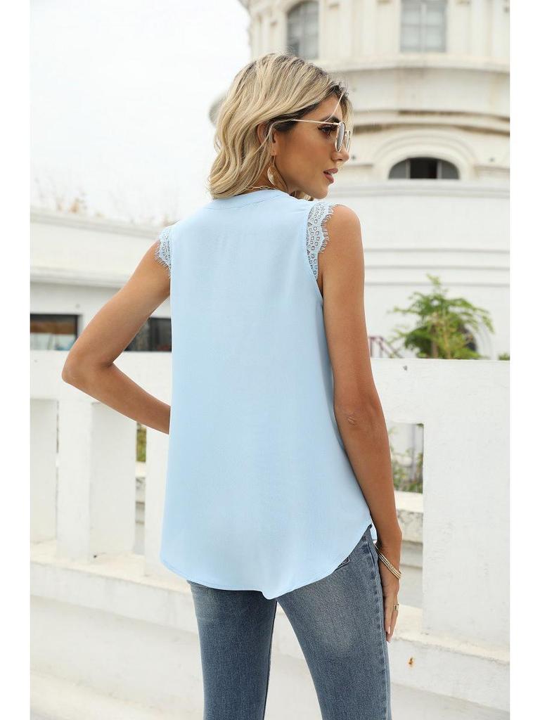 European & American Women's Fashion: Spring/Summer Solid Color V-Neck Sleeveless Shirt with Lace Trim