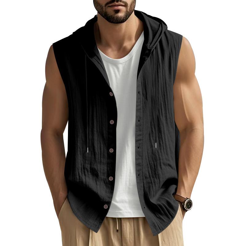 2025 Summer Mens Sleeveless Shirt New Men Loose Casual Linen Hooded Shirt Male Thin Waistcoat Male Trendy Casual Shirt