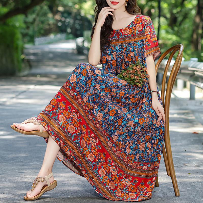 Elegant Summer Loose Dress Woman Vintage Clothes Plus Size Casual Short Sleeve Long Dresses