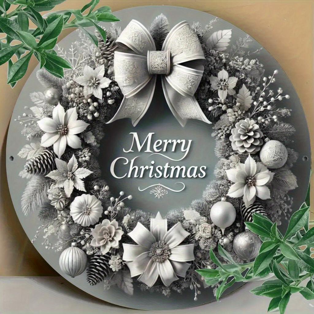 D Flat Inch Round Metal Wreath Wall Art Vintage Hippie Garden Decor with Merry Christmas Design Reusable Aluminum Sign