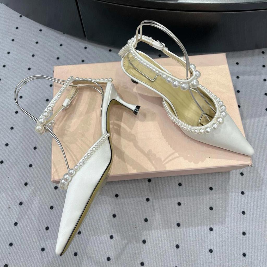 Fashion Pearl Chain Pointed-Toe Stiletto High Heels For Women 2025 Summer New French Elegant One-Shoulder Strd Elegant With A Drawstring