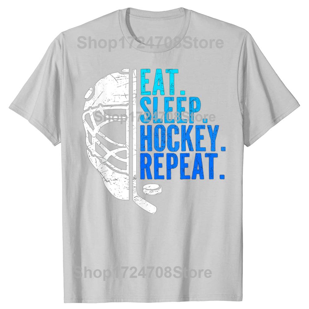 Eat Sleep Hockey Repeat Funny Boys Hockey Player Graphic T-shirts Men Fashion Casual Tshirt 100% Cotton Loose Oversized T Shirt