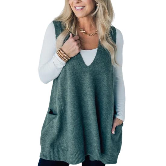 Yousheng Women Sweater V-neck Sleeveless Solid Color Knitting Vest with Pockets Ribbed Trim Loose Fit Mid-length Casual Knitwear