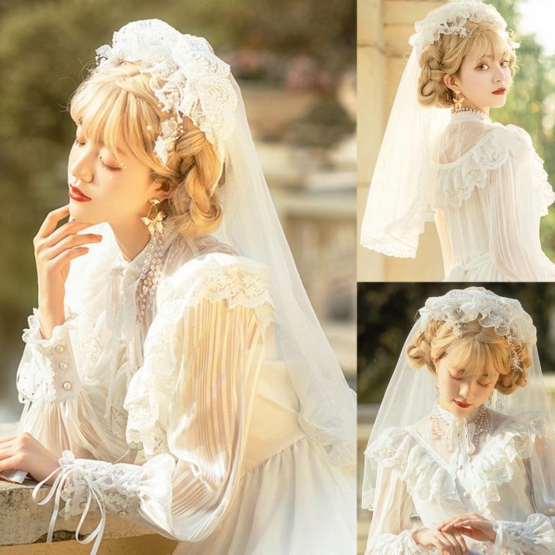 Vintage Brides Lace Veil Headdress Black White Lolita Veil for Outdoor Occasions
