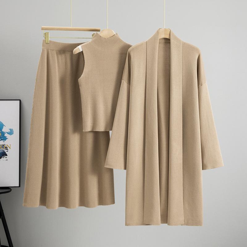 Women's Autumn Winter Knitted Three-Piece Set: Sleeveless Vest, Cardigan Sweater, Midi Skirt.