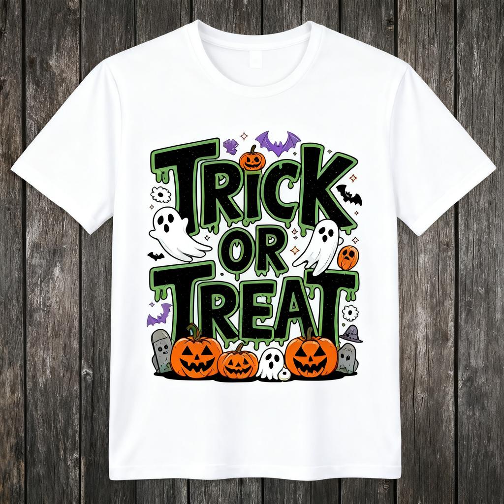 Vintage "Trick or Treat" Halloween Tee, Retro Pumpkin Ghost Print Cotton T-Shirt, Spooky Fun Top for Men Women