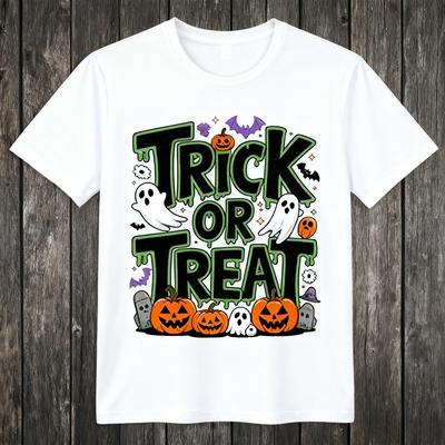 2025 Retro Pumpkin Ghost Print Cotton T-Shirt,Vintage "Trick or Treat" Halloween Tee, Spooky Fun Top for Men Women