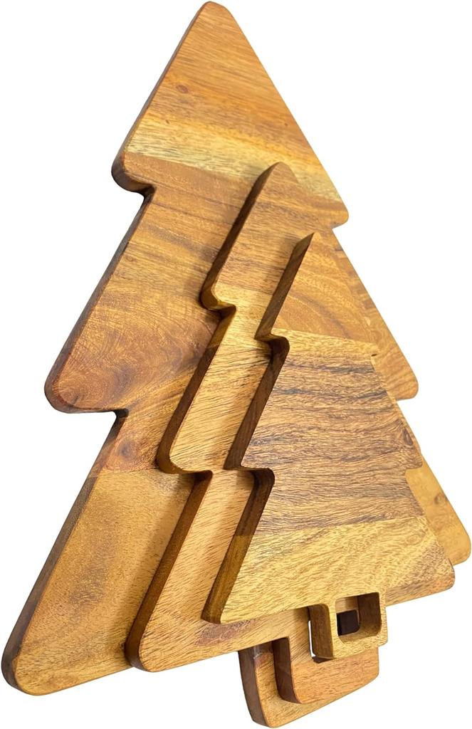 Christmas Tree Shaped Wood Cutting Board Set for Kitchen, 3 Pieces Tree Wooden Cutting Boards, Charcuterie Serving Trays with Handles for Decoration