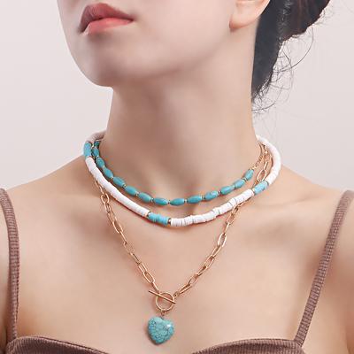 Accessories, Bohemian Soft Pottery Turquoise Love Pendant Necklace, Marine Wind Niche Design