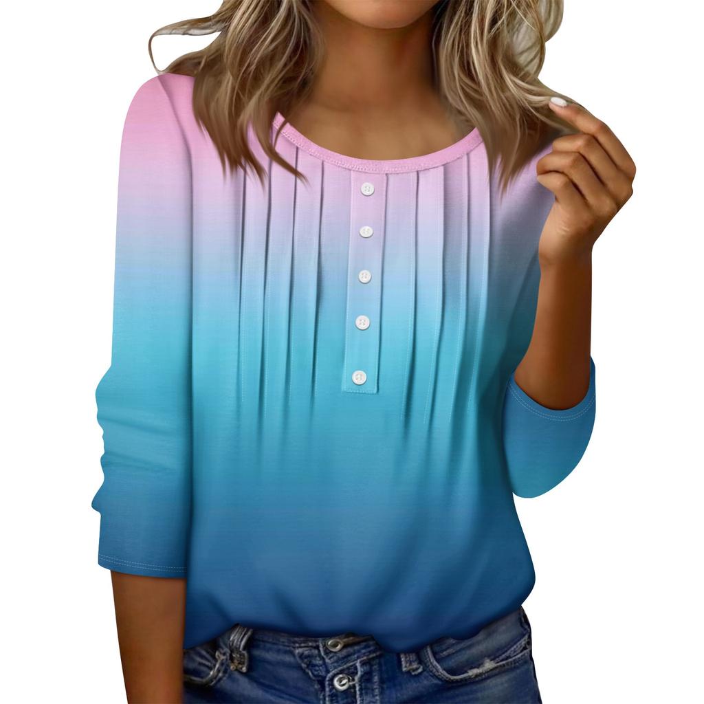 Dames Rund Hals Pull Stripe Dekorativ Knapp Topp Casual Ensfarget 3/4 Ermet T-skjorte