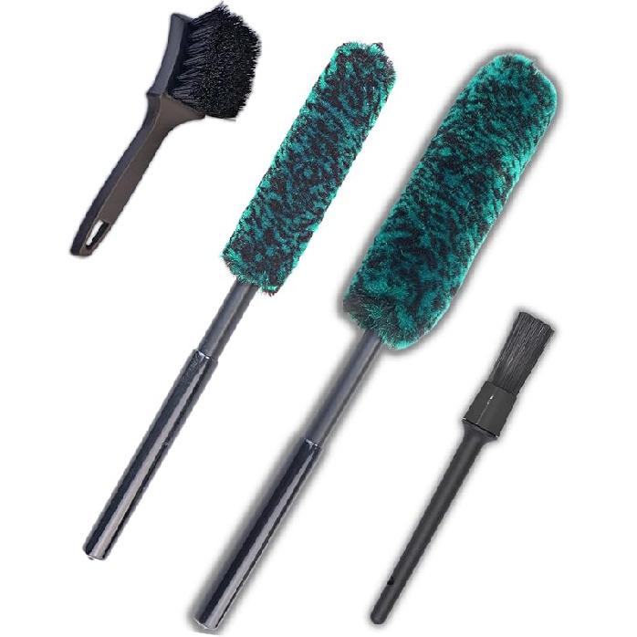 Wheel Brushes For Cleaning Wheels (4 Pro Pack)- 2X Soft Wheel Cleaning Woolies Brush, Detailing Brush And Stiff Tire Brush, Scratch Free Durable Car