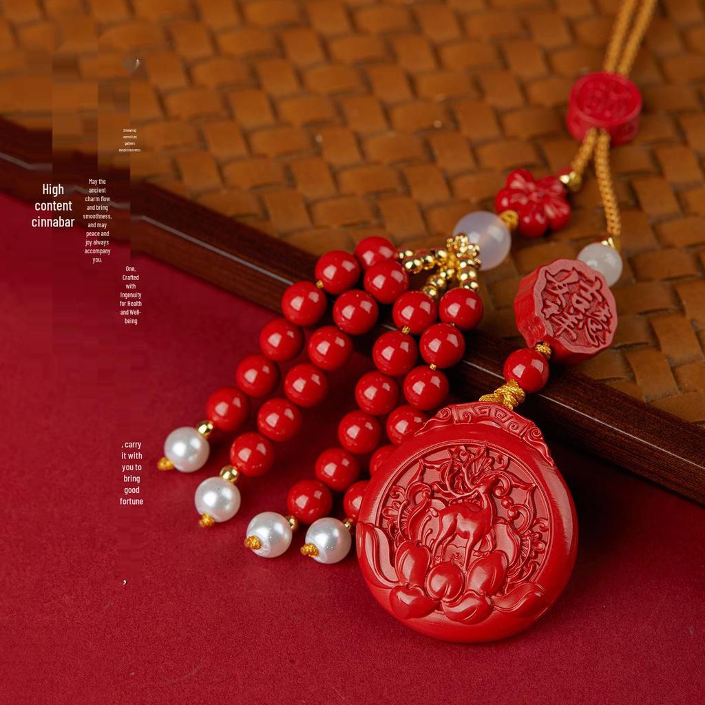 Jingchunlan High Content Cinnabar Red Sand Car Charm with Lucky Cat Guanyin Pixiu