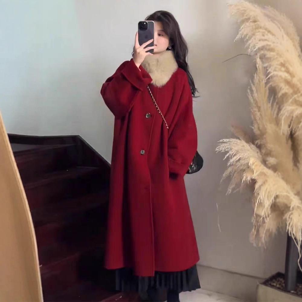 

Женское маленькое пальто из шерсти высокого класса красного цвета для осени/зимы - Толстое и популярное для Нового года Small