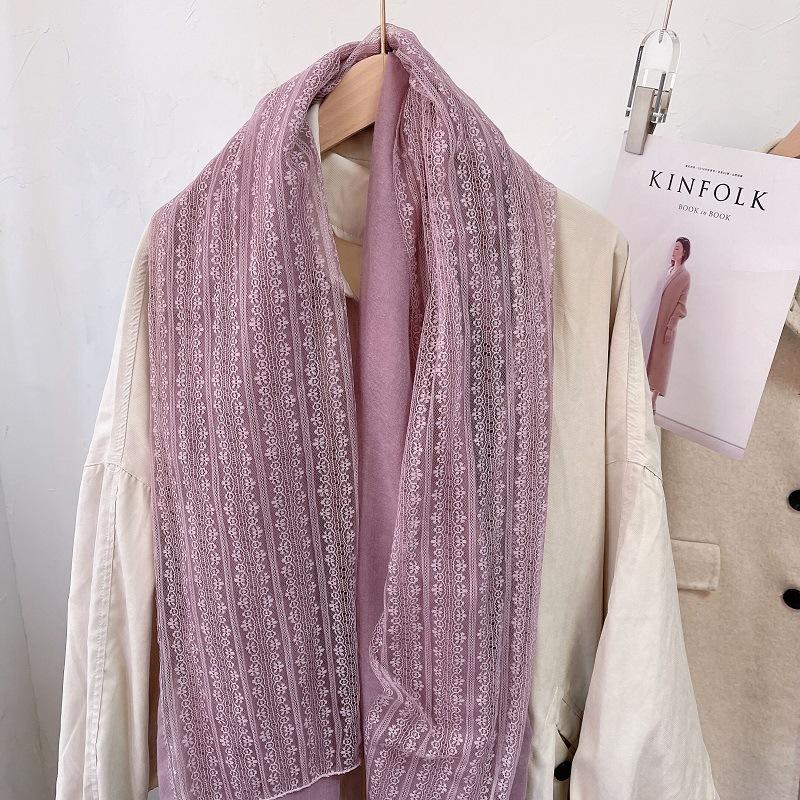 Eșarfă de Modă din Bumbac și In 180*90cm cu Garnitură de Dantelă, Eșarfă Șal pentru Patru Sezoane, Gaze de Plajă Lungă și Ușoară pentru Călătorie