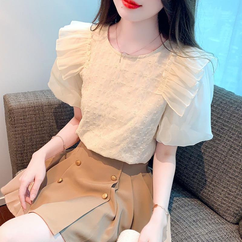 Modisches Kurzarm-Freizeit-Chiffonhemd für Damen Sommer Rüschenkante Patchwork Elegant Bluse Frau Slim Fit Vintage Puffärmel Tops Dame 24227