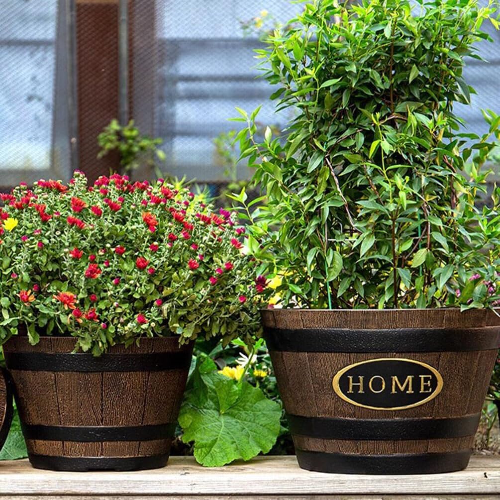 Happyyami Wine Barrel Planter Resin Flower Pot Barrel Planter Garden Whiskey Barrel Planter Pot Boxes Container Outdoor Indoor Flower Pot with Hole
