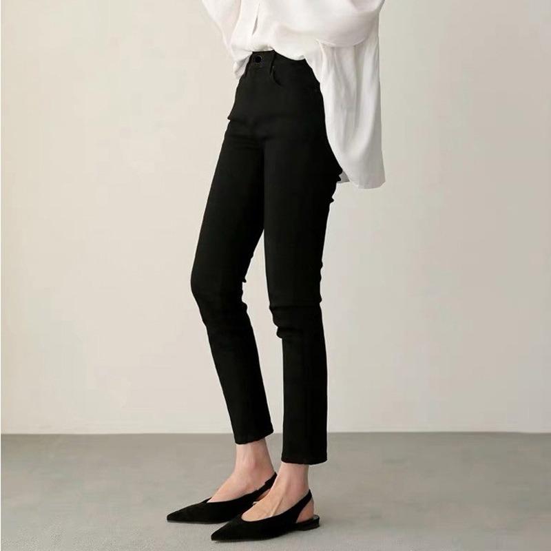 Fleece and Thickened Black Small Straight Jeans Women's Autumn New High-waisted Elastic and Thin Eight-point Pipe Pants