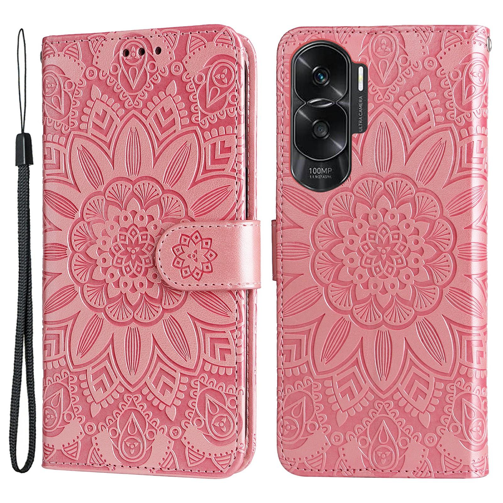 

For Honor X50i 5G/90 Lite 5G Anti-Scratch Wallet Case Sunflower Imprinted Phone Flip Stand PU Leather Cover Pink