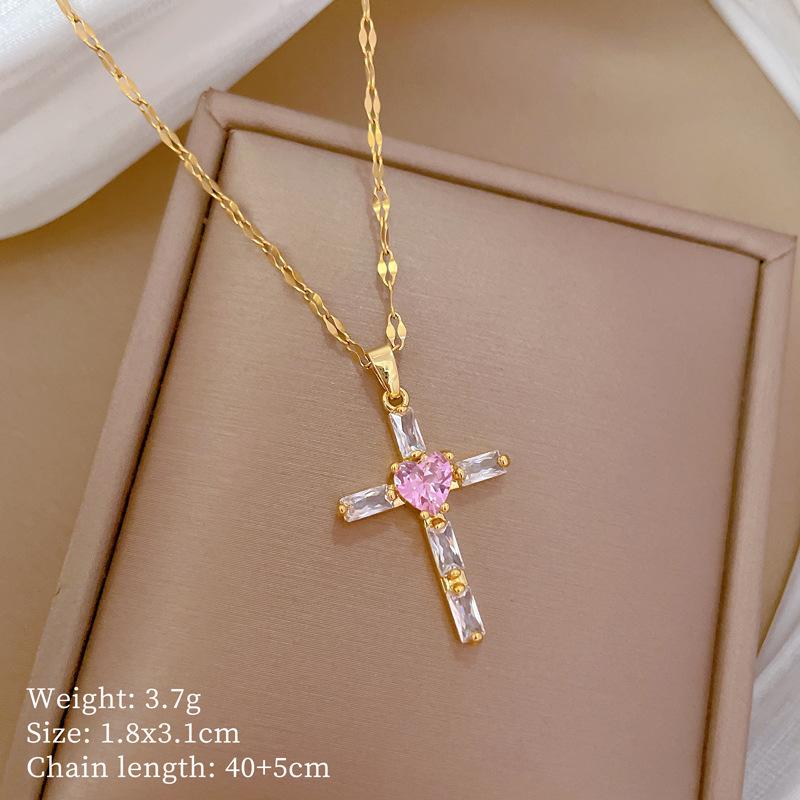 Pink Cross Light Luxury Temperament Gorgeous Full Diamond Necklace Female Versatile Collarbone Chain Titanium Steel Chain