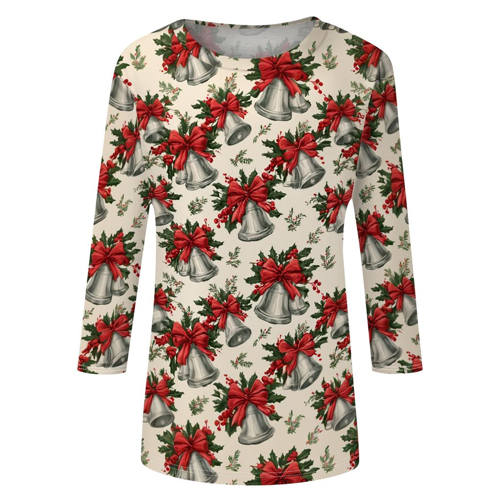 Women's Casual Christmas Printed Three-Quarter Sleeve Neck T-Shirt Tee Top