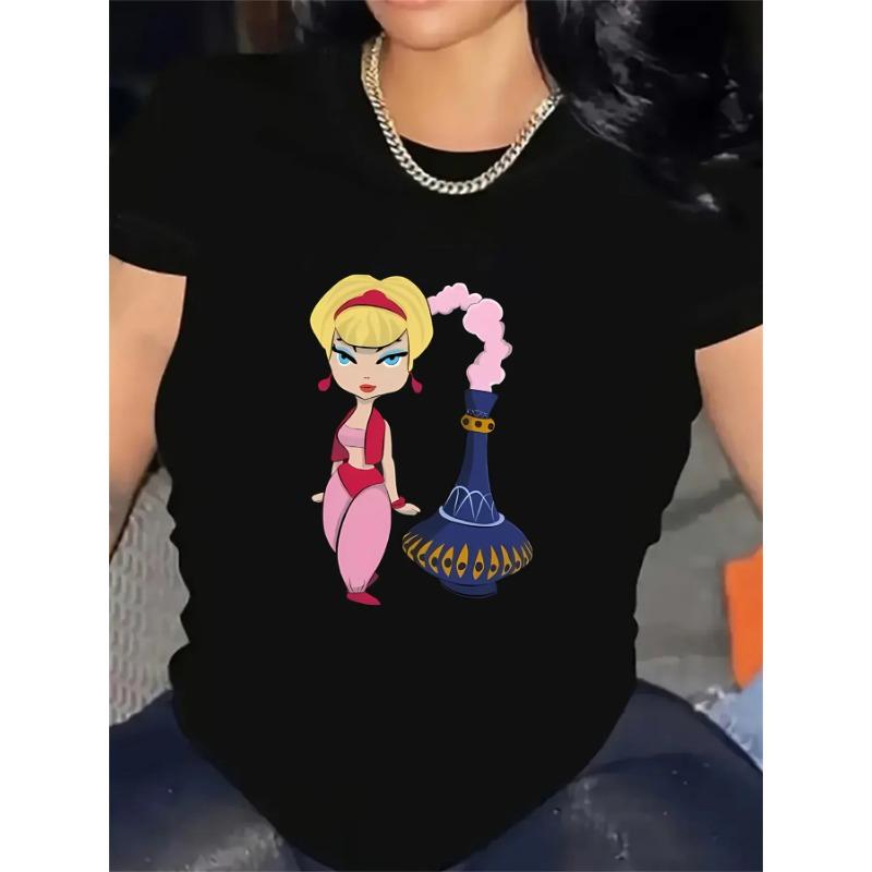 

Soft Casual Cartoon Graphic Print T-Shirts Relaxed Fit Round Neck Pure Cotton Short Sleeve Comfort Summer Women s T-shirts S