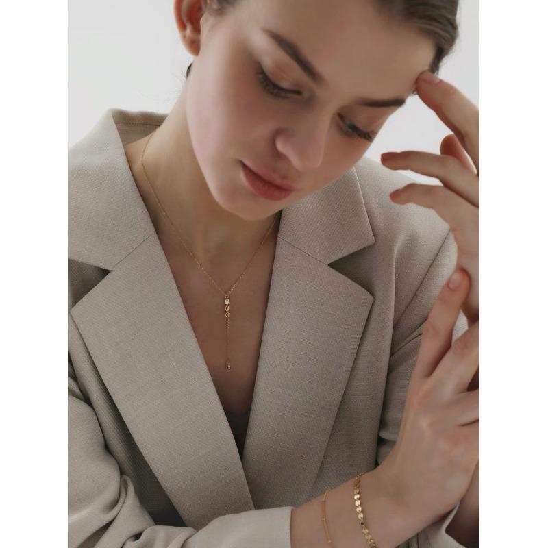 S925 Sterling Silver Small round Slice Y Necklace Female Niche Design Clavicle Chain Female Autumn/Winter Sweater Chain