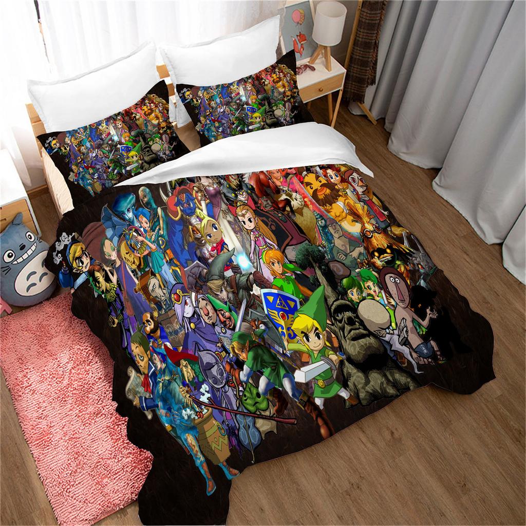 Legend of Zelda Santa Claus Christmas Tree Reindeer Anime Printed Bedding Set Duvet Cover Queen Cotton Cute Cartoon Quilt Cover
