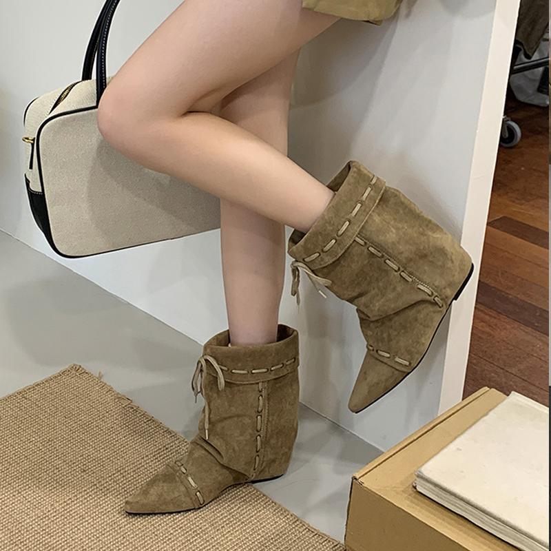 Fashion Liyke Winter Street Style Woman Design Drawstring Lace Up Ankle Boots Fashion Inside Height Increasing Women Western Cowboy Shoe