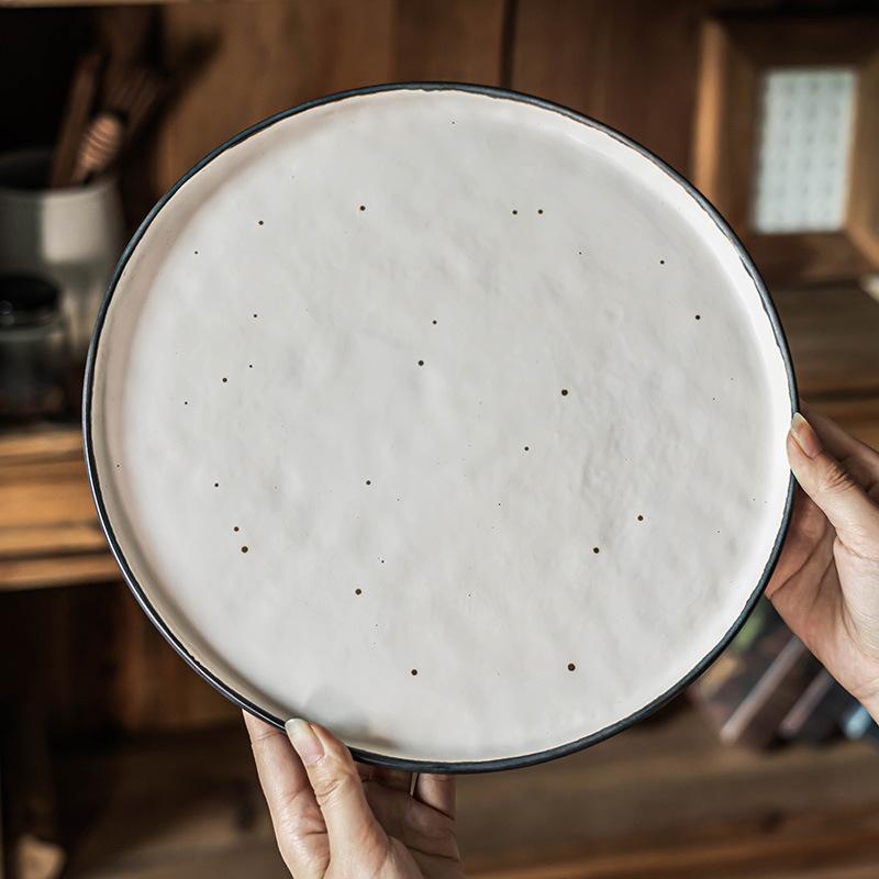 Ceramic Plate, Black Stroked Large Plate, Household Dish, Simple Ink Point Plate, Steak Plate, Shallow Plate, Pasta Plate