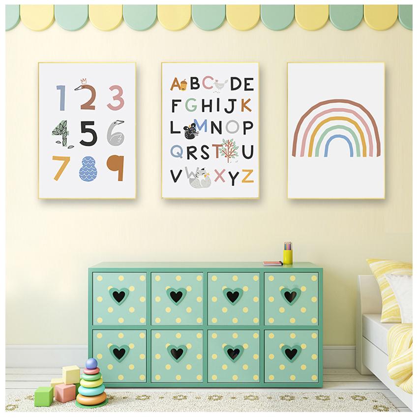Kinderzimmer Wandkunst Pädagogisches Gemälde Dekoratives Bild ABC Poster Alphabet Nummer Poster und Drucke Regenbogen Leinwanddruck Baby