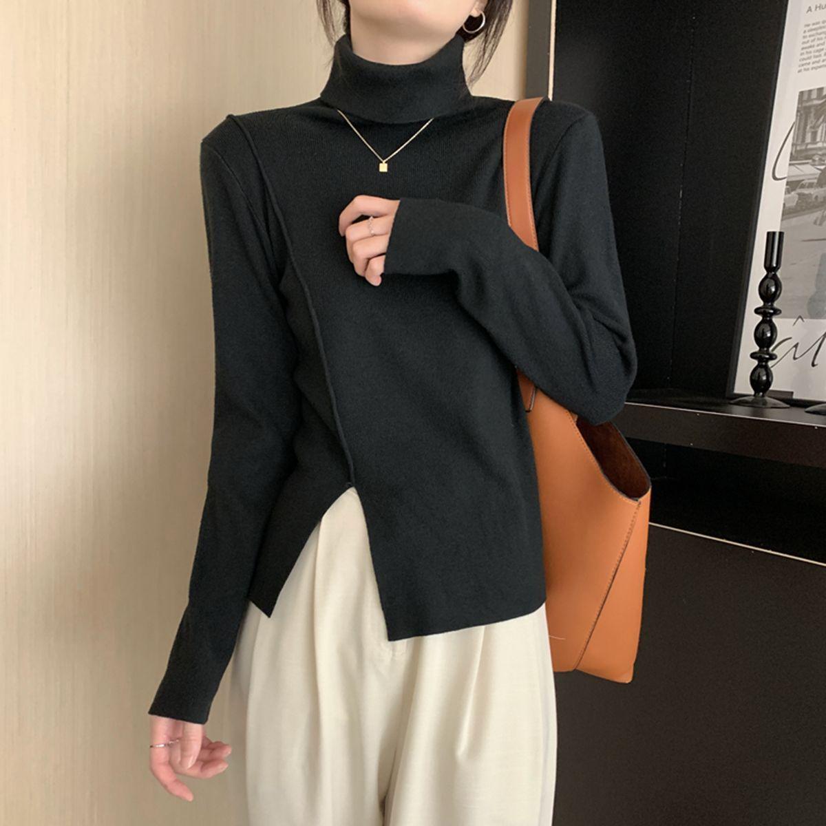 

Женский трикотажный свитер высокого класса с разрезом: Элегантный утолщенный базовый слой с высоким воротом, однотонный One Size чёрный