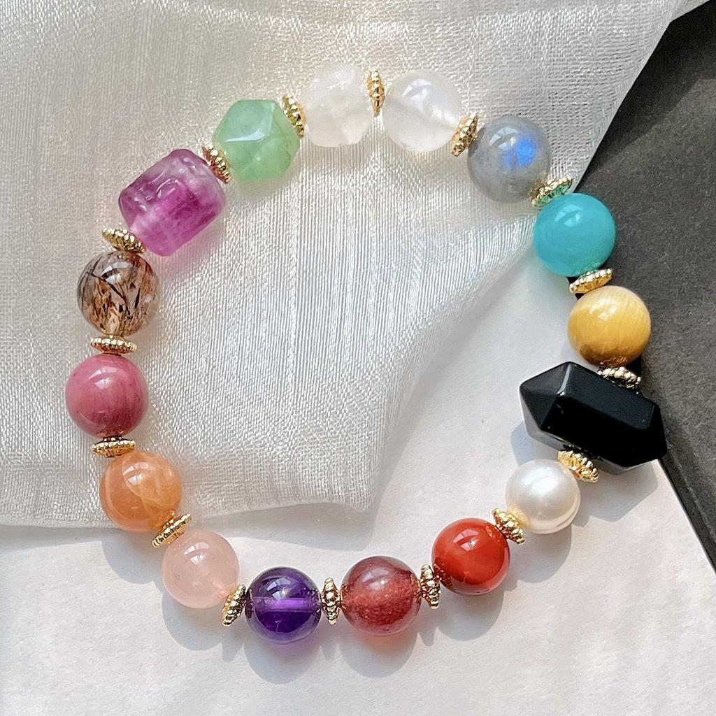 Natural Pearl Amethyst Moonstone Powder Crystal Tianhe Stone Black Gold Super Tiger'S Eye Stone Nanhong Duobao Bracelet Bracelet