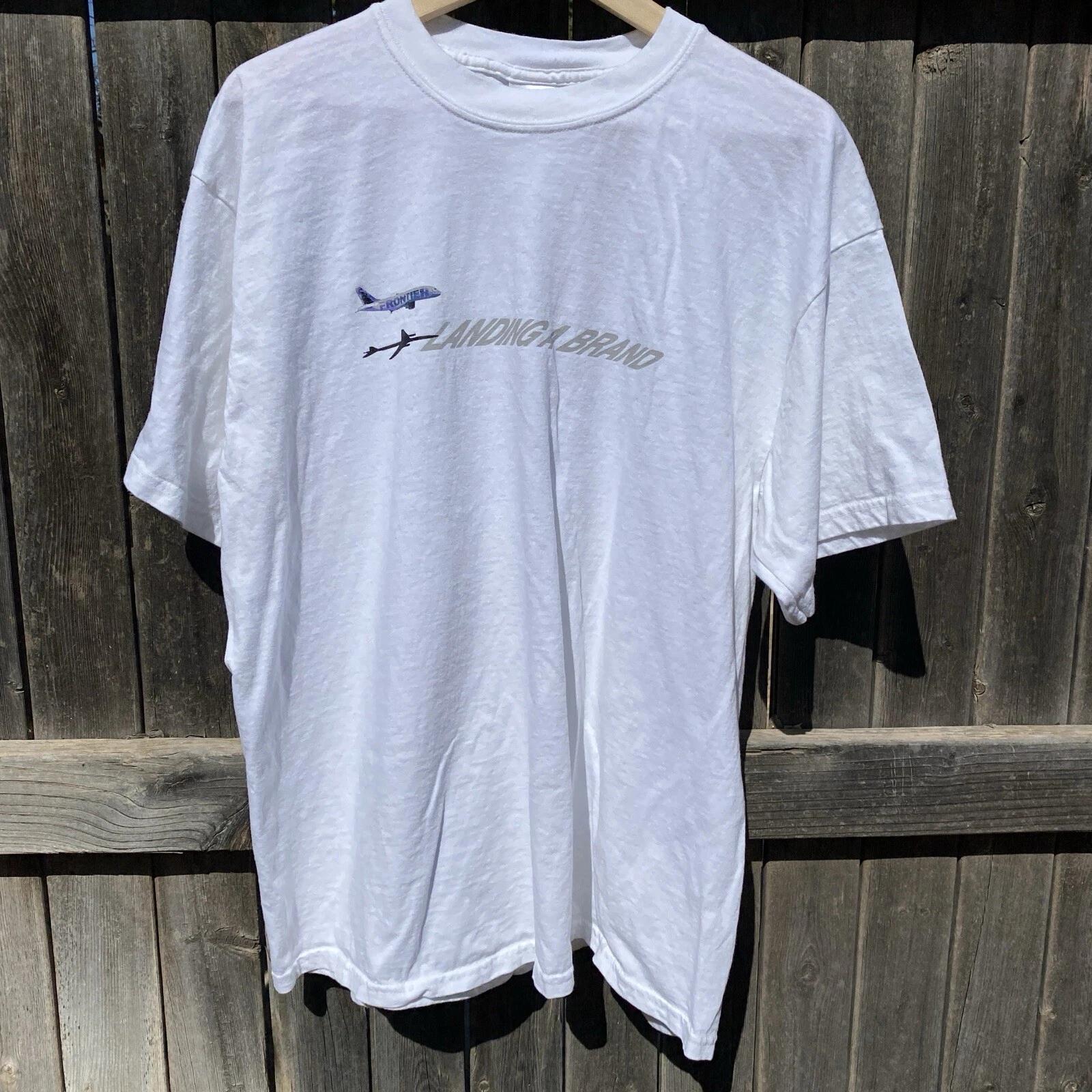 Y2K Frontier Airlines Landing a Brand employee airplane Graphic T-Shirt size XL 4XL