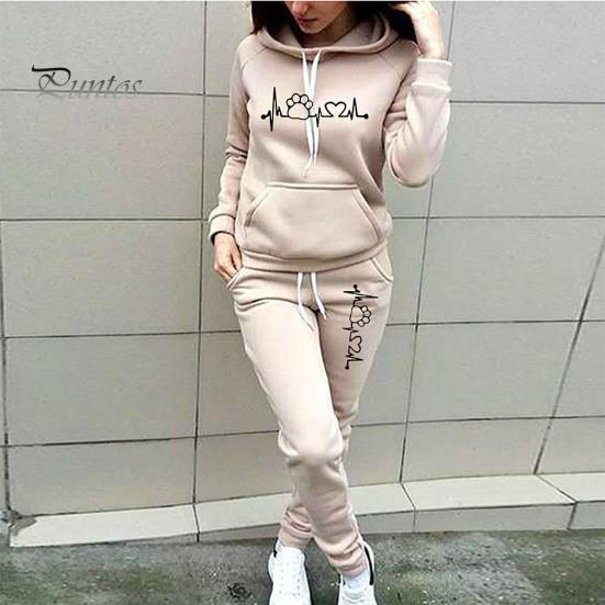 Women Tracksuit 2Pcs/Set Long Sleeve Drawstring Pockets Elastic Waist Mid-rise Casual Autumn Winter Heartbeat Print Hooded Sweatshirt Pants Set Sport