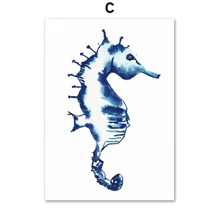 Ocean Animal Navy Blue Hamptons Sea Life Turtle Nursery Wall Art Canvas Painting Nordic Poster Wall Picture Baby Kids Room Decor