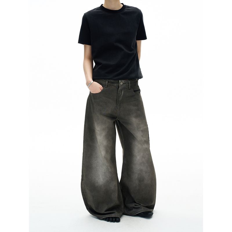 Madwitch American-Style Trendy Brand Distressed Washed Scimitar Jeans for Men and Women, Loose Wide-Leg Cool Design Pants