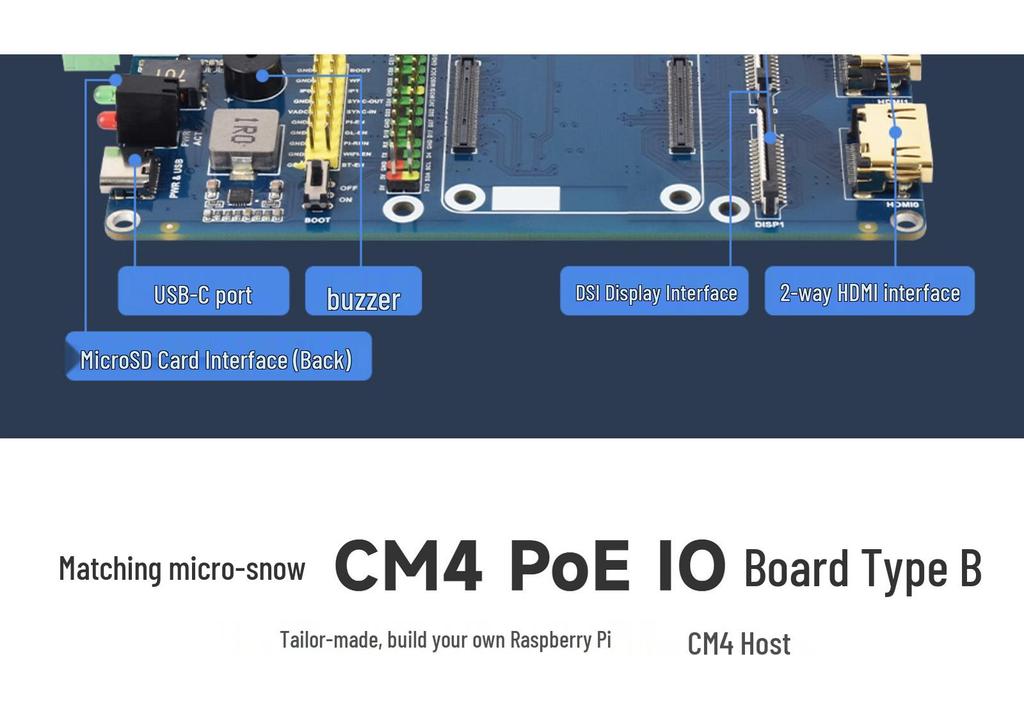MicroSnow PoE Expansion Board Type B for Raspberry Pi CM4 with Dual DSI/CSI, Quad USB, and Case.