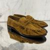 Versão em couro de vaca~ Sapatos mocassins femininos de primavera, bico redondo britânico, plissados, salto grosso, um pedal, sapatos de couro pequenos, sapatos únicos