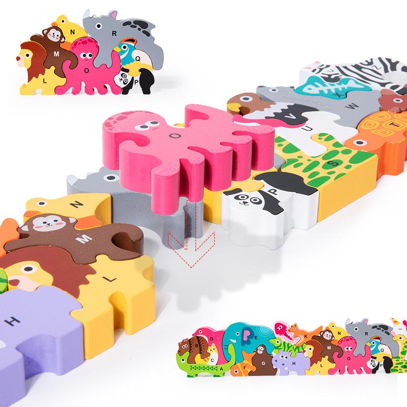 Zvířecí dřevěná skládačka Montessori dětské kreslené 3D puzzle hry Vzdělávací hračky pro děti v raném věku